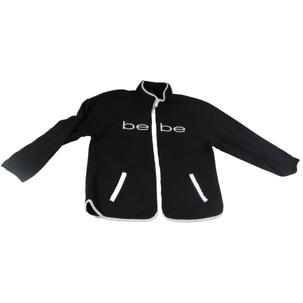 Bebe Sport Fleece Jacket Women XL Black White Zip Up Contrast Trim Logo Athletic